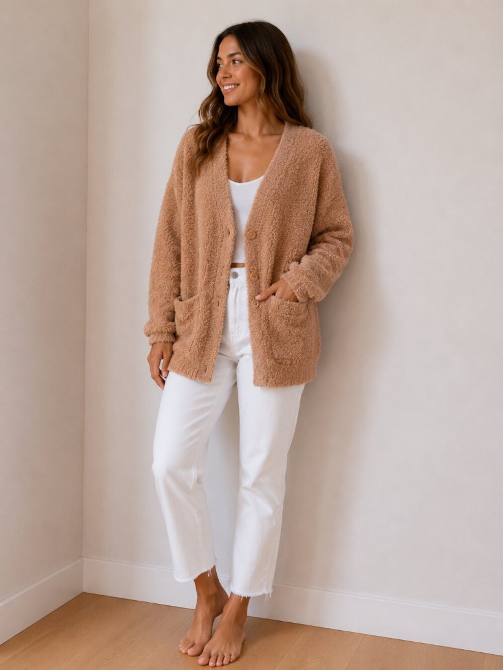 aerie Blush Beige Fuzzy Button Cardigan